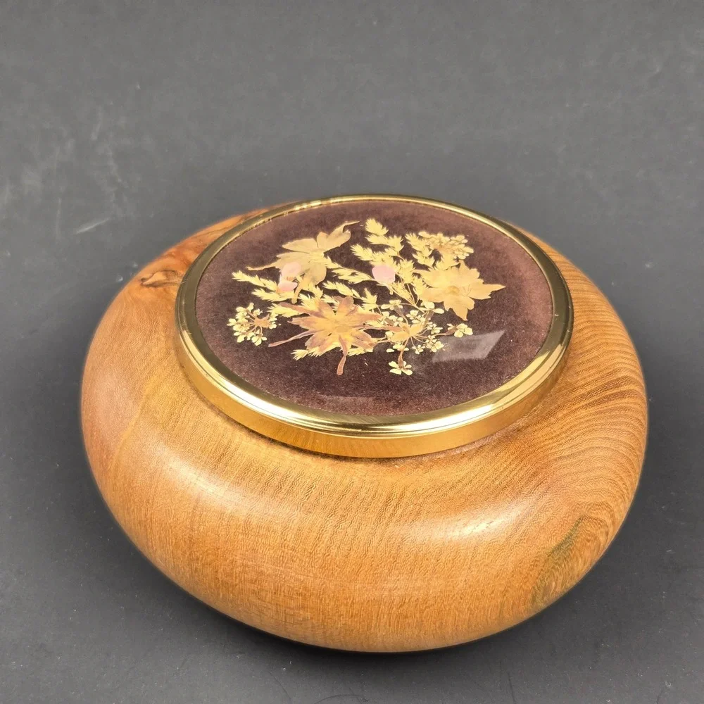 Wild Irish Hand Turned Wood Trinket Box Natural Pressed Flowers Ireland 5 Inch